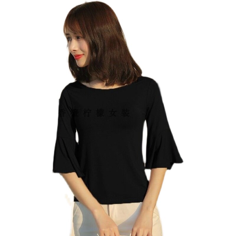 喇叭袖显瘦t恤女新款黑色圆领百搭上衣小众设计感女士洋气小衫秋