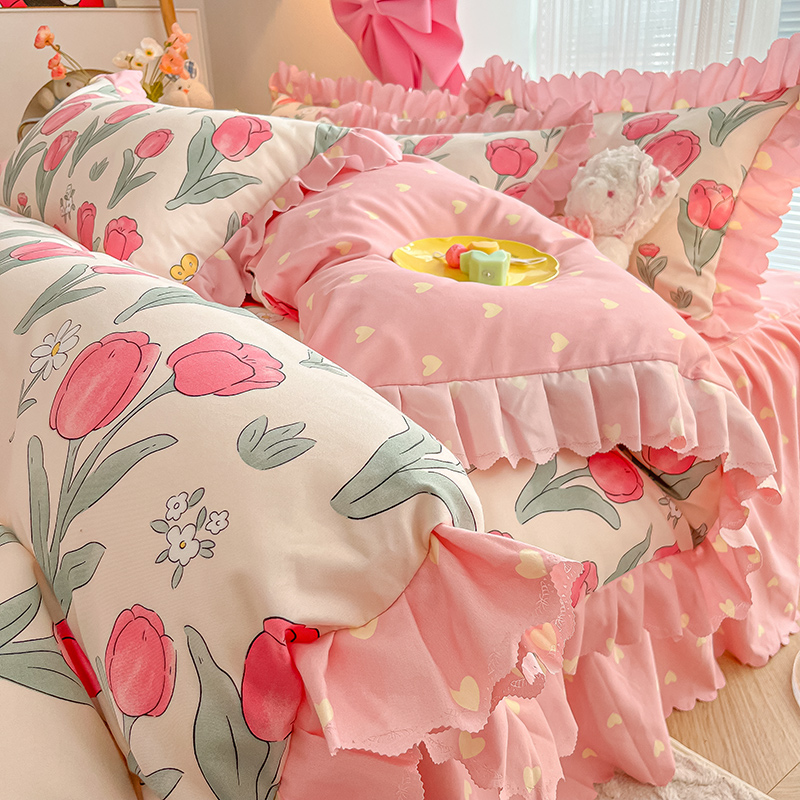 少女心韩式床上用品四件套床裙公主风床单被套四季通用三件套宿舍