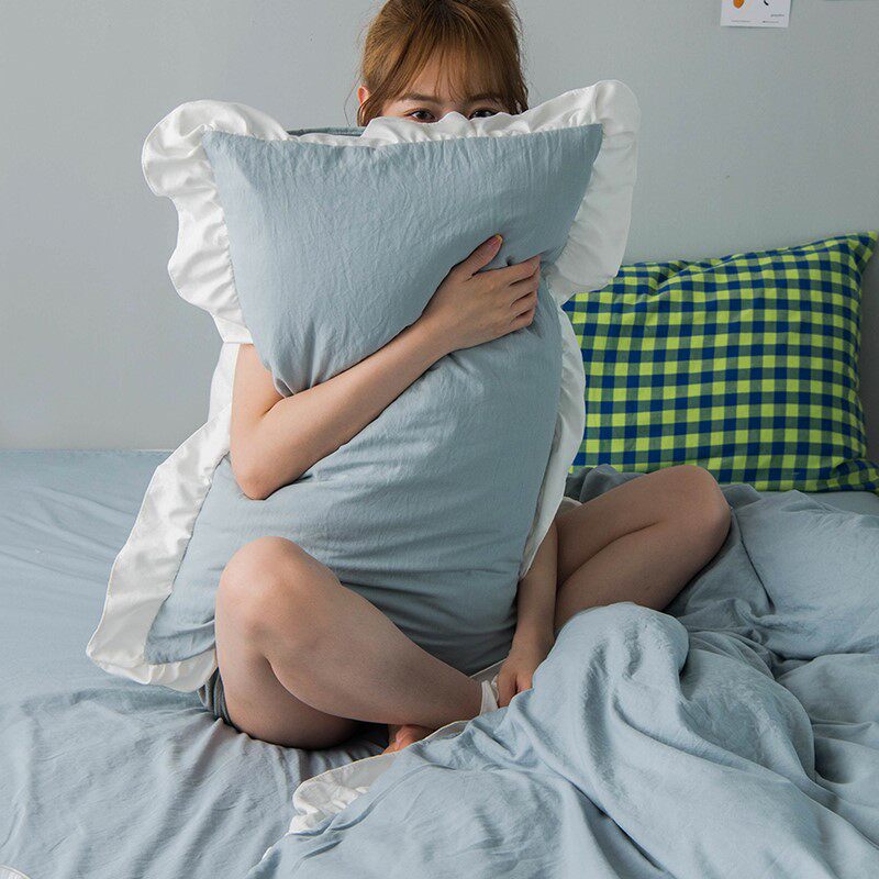 ins风荷叶边少女纯色水洗棉枕头套 星晴枕套