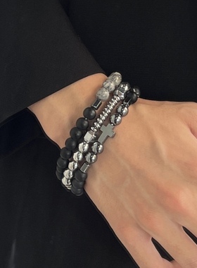 复古黑胆石十字架串珠手链