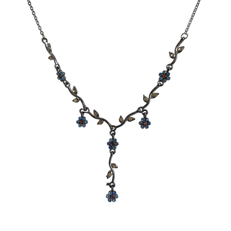 中古风复古蓝色花朵锆石项链女小众设计感毛衣链轻奢高级颈链配饰,淘宝优惠券,粉丝福利购,淘宝优惠卷