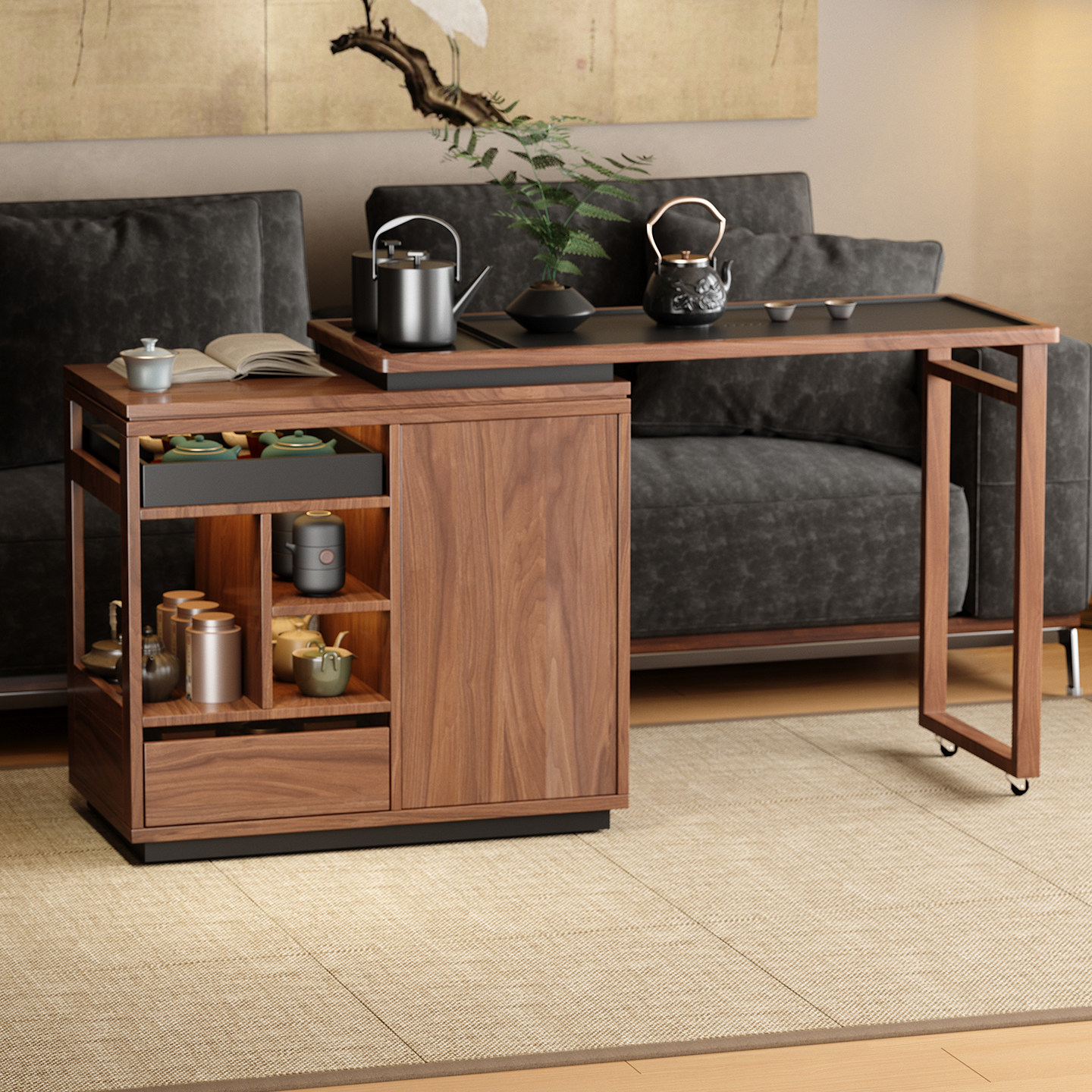 木小咖 云屿可移动茶桌家用小户型实木阳台茶台可伸缩茶水柜,淘宝优惠券,粉丝福利购,淘宝优惠卷