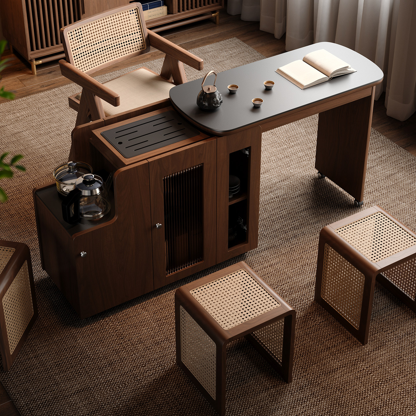 木小咖 溪缘移动实木茶桌家用阳台茶水柜可伸缩茶台桌椅组合,淘宝优惠券,粉丝福利购,淘宝优惠卷