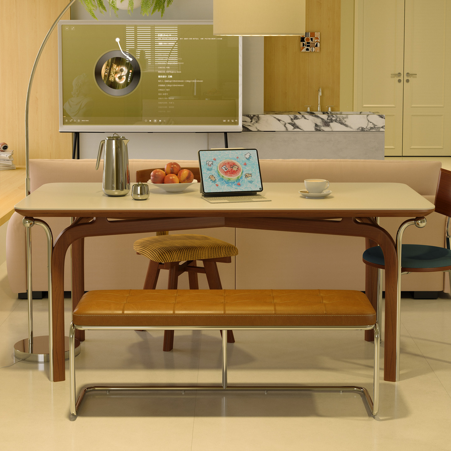 木小咖 豆芽岩板餐桌复古风实木餐桌椅组合包豪斯中古长方形饭桌,淘宝优惠券,粉丝福利购,淘宝优惠卷