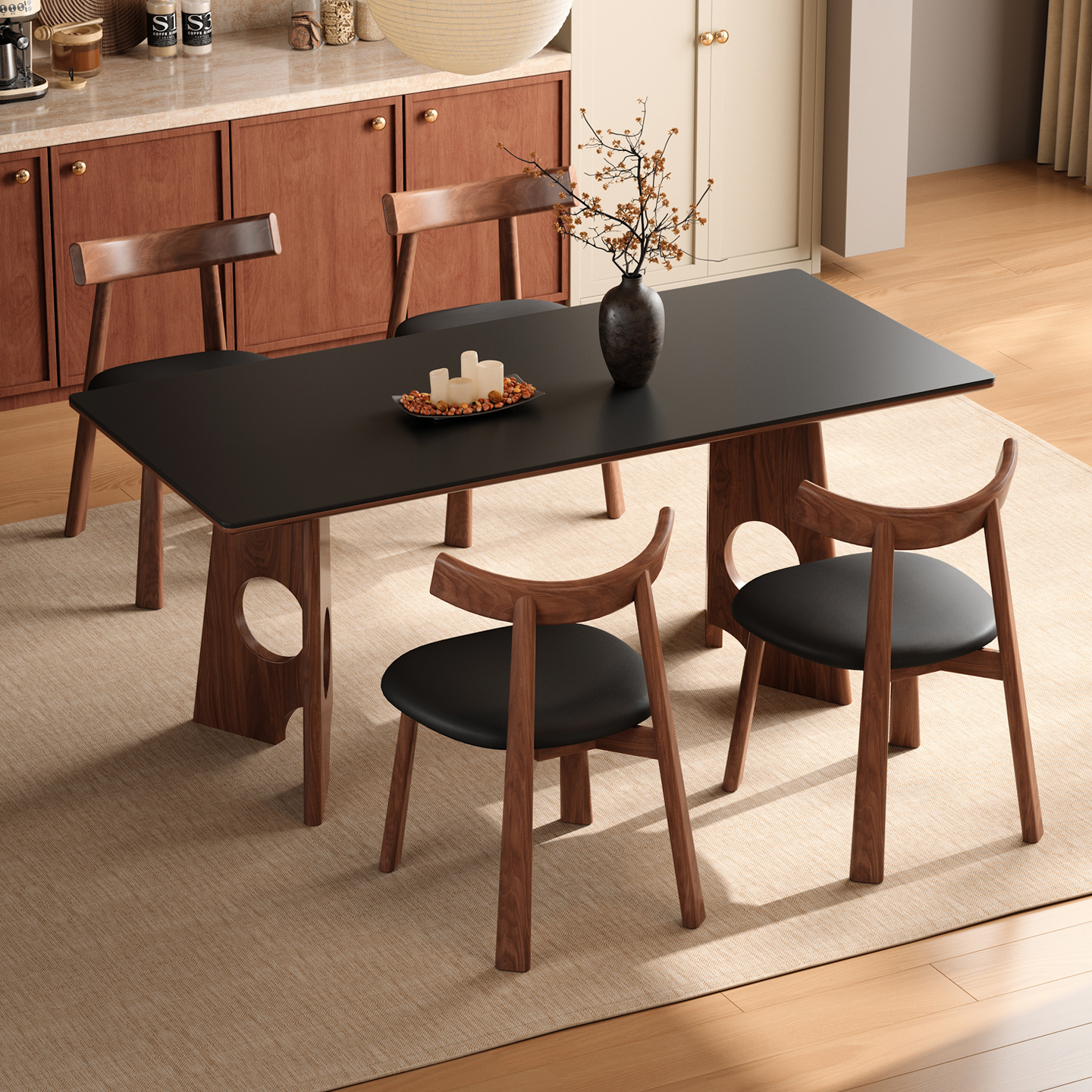 木小咖中古风岩板实木餐桌长方形北欧不锈钢包豪斯复古家具吃饭桌 - 图1