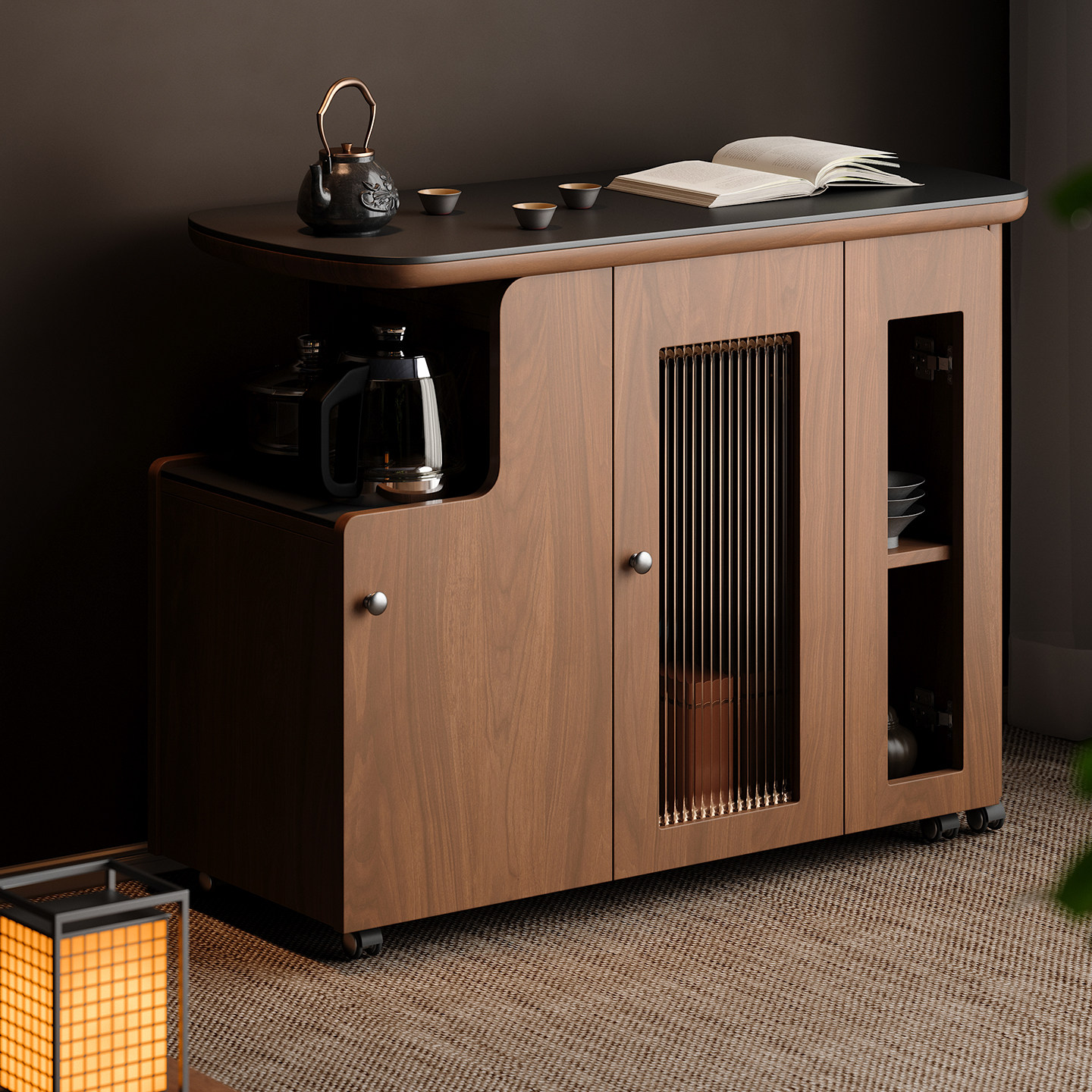 木小咖 溪缘移动实木茶桌家用阳台茶水柜可伸缩茶台桌椅组合,淘宝优惠券,粉丝福利购,淘宝优惠卷