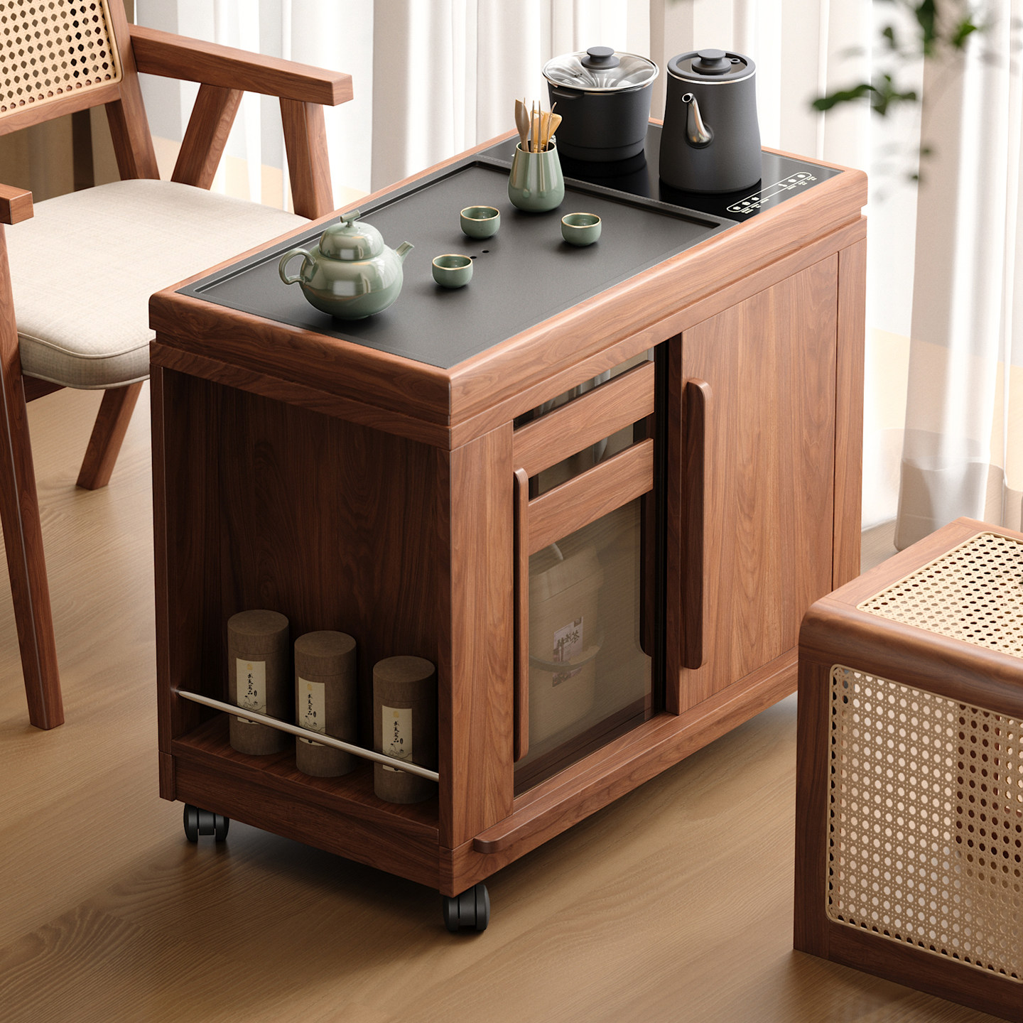 木小咖 木作实木边几茶桌茶水柜可移动茶台茶几边柜煮茶一体桌,淘宝优惠券,粉丝福利购,淘宝优惠卷