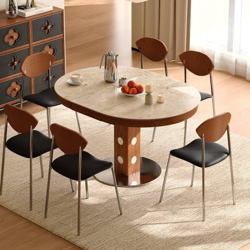 木小咖法式复古家用岩板伸缩餐桌伯格贝母椭圆折叠小户型桌椅组合,淘宝优惠券,粉丝福利购,淘宝优惠卷