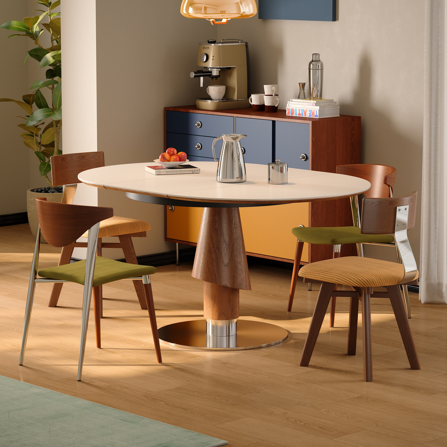 木小咖可伸缩简约家用小户型中古风折叠长桌可变圆桌洞石岩板餐桌,淘宝优惠券,粉丝福利购,淘宝优惠卷