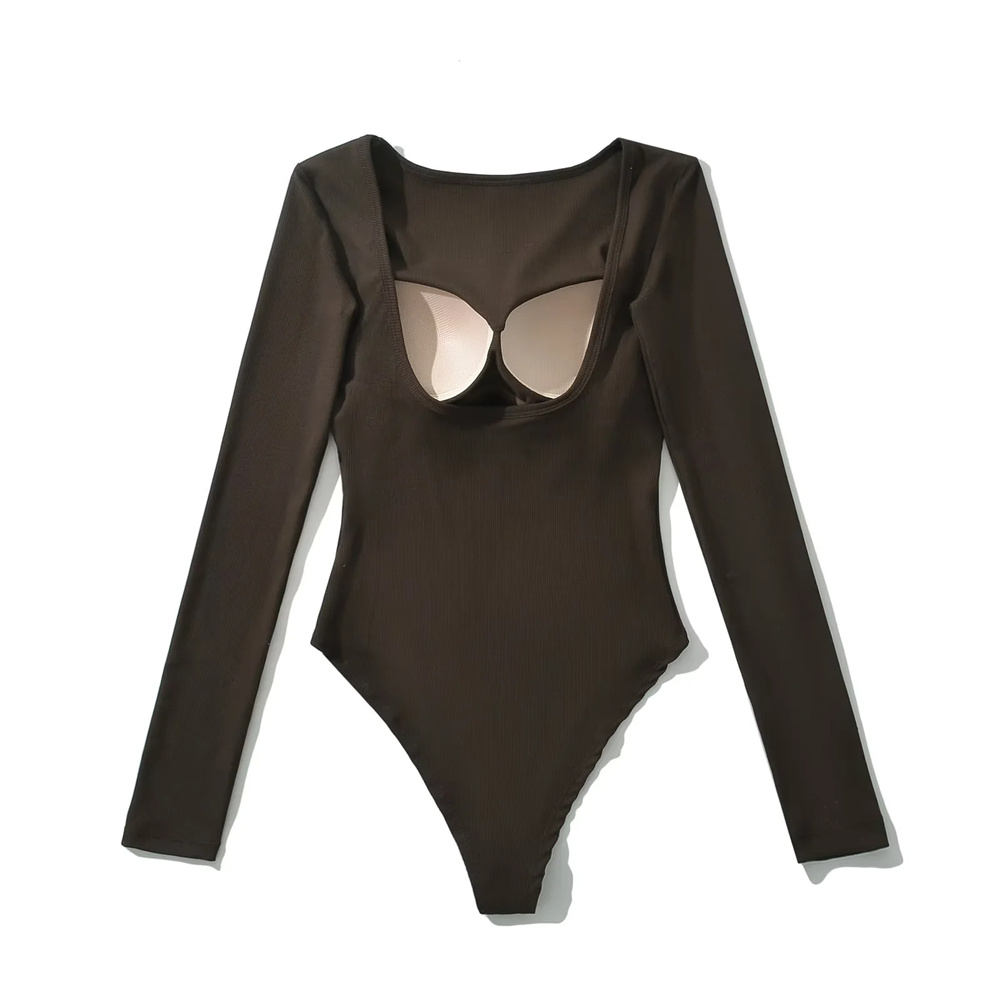 辣妹大露背长袖连体衣女春秋季修身性感带胸垫连衣打底衫连裆上衣 - 图1