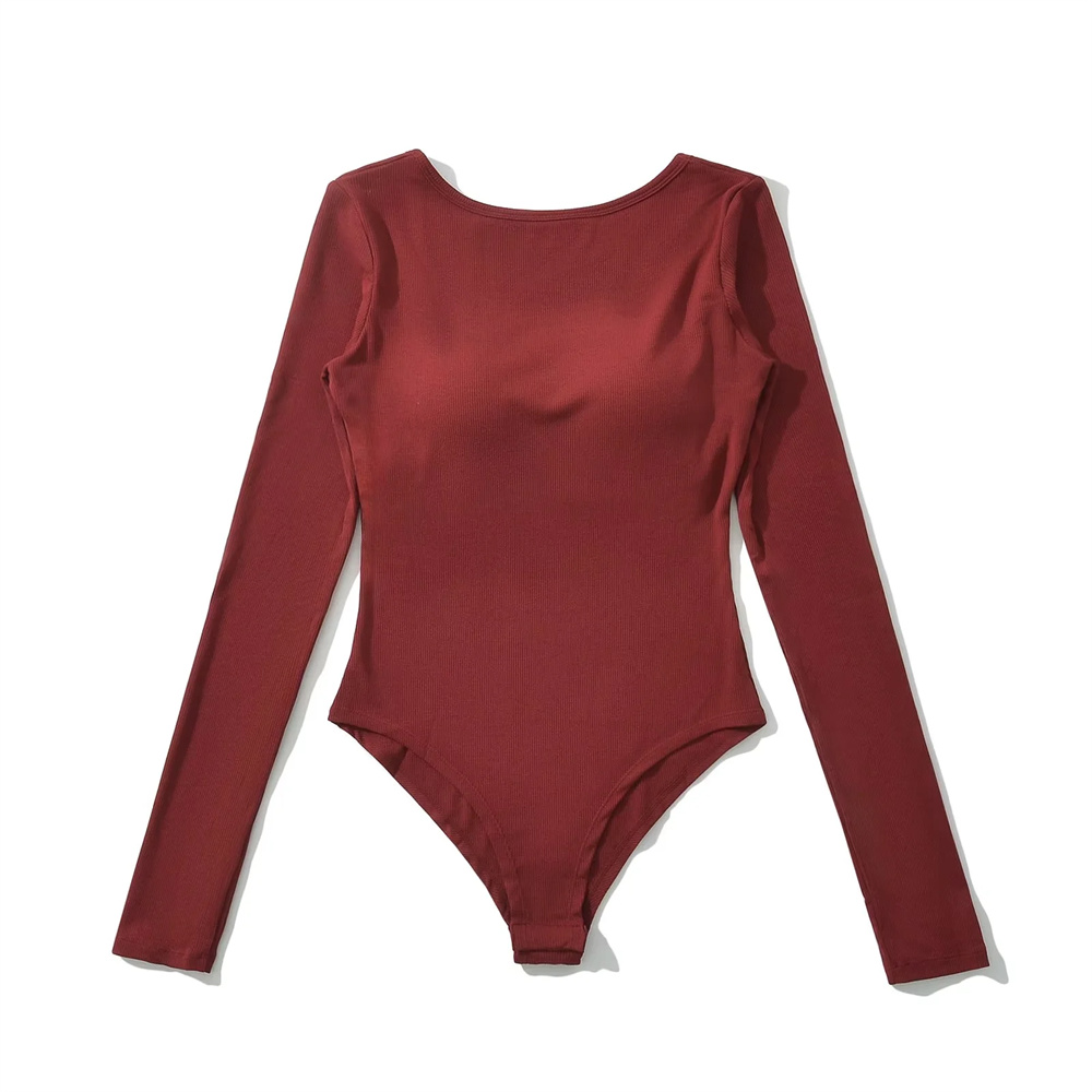 辣妹大露背长袖连体衣女春秋季修身性感带胸垫连衣打底衫连裆上衣 - 图3