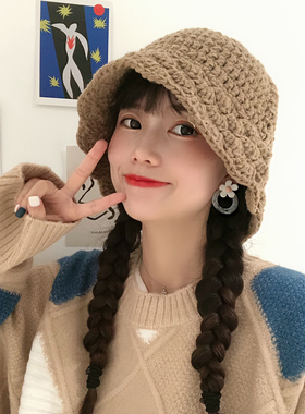 韩国ins休闲软妹渔夫帽子女秋冬天百搭纯色花边针织毛线帽盆帽潮