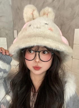 可爱卡通兔耳朵渔夫帽女冬季保暖