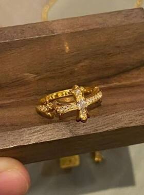 复古十字架开口戒指女款轻奢气质金色可调节指环设计师款精致百搭