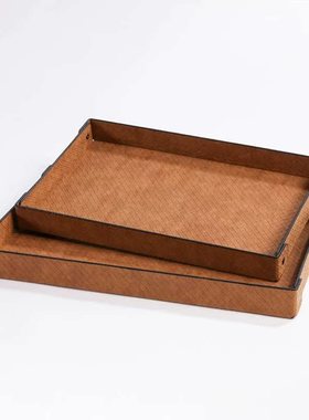 现代简约金属皮革编织纹托盘创意摆件收纳置物桌面茶几酒店样板间