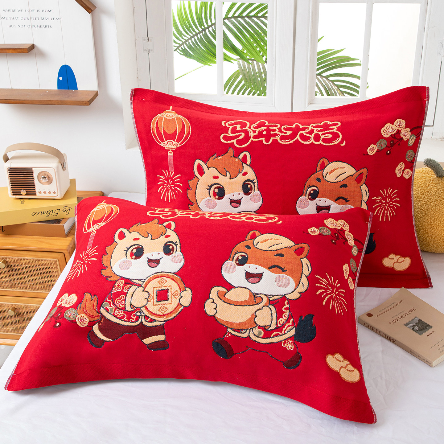 新年红八层纯棉纱布枕巾一对装加厚加大高档防螨抗菌全棉双面用,淘宝优惠券,粉丝福利购,淘宝优惠卷