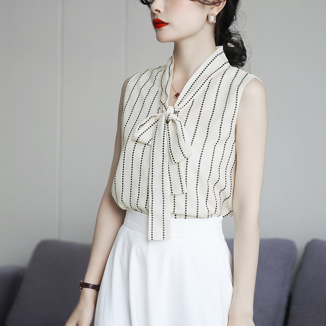 Sleeveless shirt women's striped v-neck vest top loose chiffon shirt French bow shirt 2025 summer new style