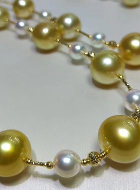 天卉珠宝天然海水珍珠akoya珍珠+南洋金珠花式满天星时尚大气项链