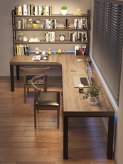 Угол стола 实木转角书桌书架一体组合l型电脑桌7拐角办公学习桌胡桃色电竞桌