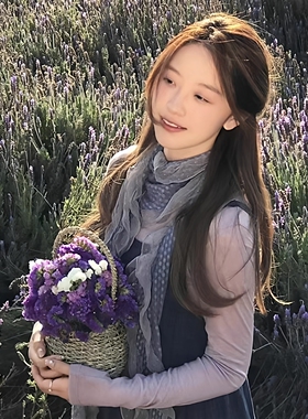 蓝色波点花边蕾丝丝巾木耳围脖