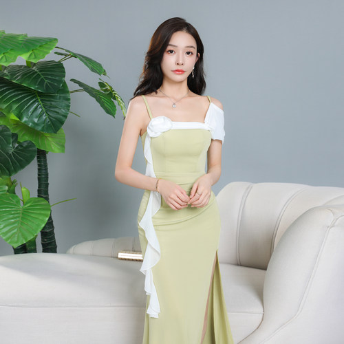 性感吊带晚礼服开叉包臀长款低胸气质高端名媛轻奢开叉连衣裙显瘦 - 图1