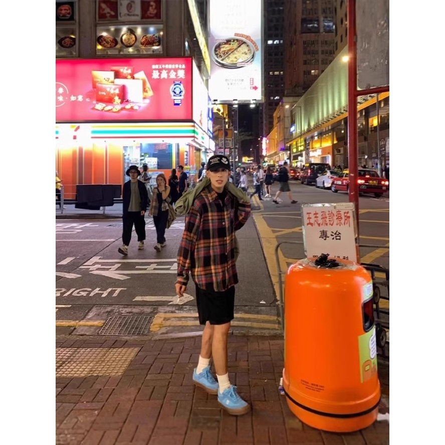 美式潮牌复古长袖衬衫男女春秋季字母刺绣格子情侣款百搭衬衣外套 - 图1