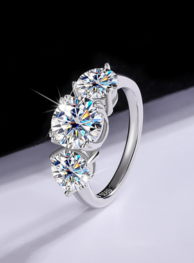 时尚S925纯银镀铂金莫桑钻三生石4克拉戒指时尚轻奢风女婚戒指
