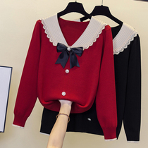 Autumn Winter New Big Code Fat Younger Sister Lace Side V Collar Needlewear Long Sleeve Blouse Jacket Foreign Air Cover Sweater Sweatshirt