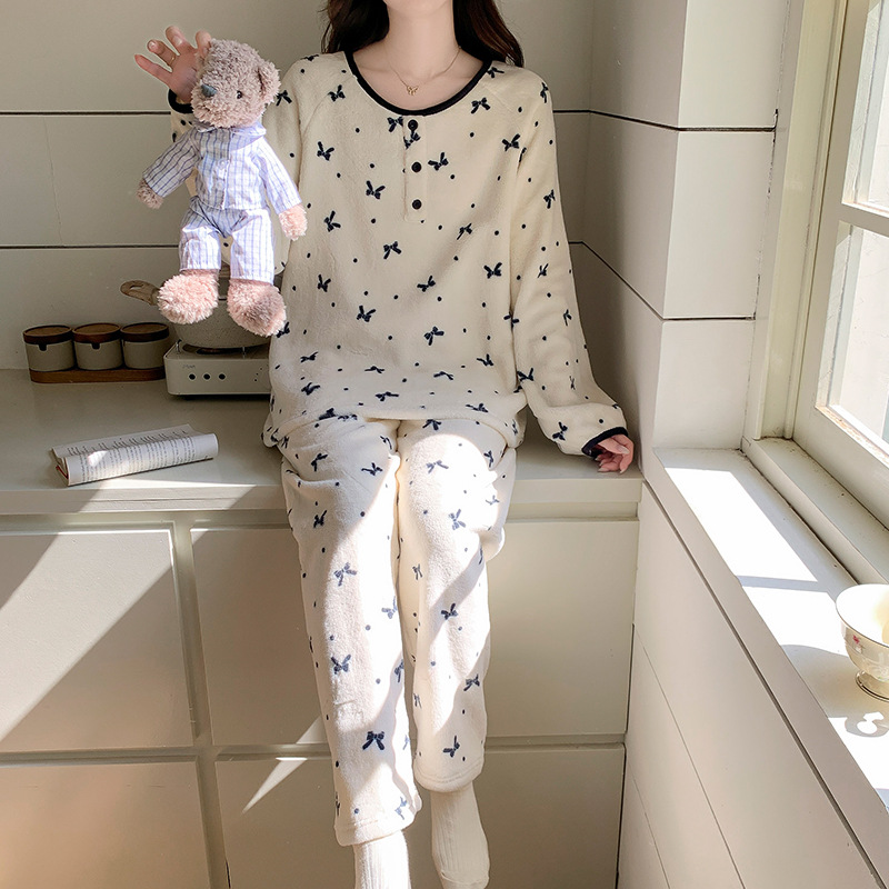 新款暖暖绒加厚珊瑚绒保暖睡衣女喔密哒冬季甜美印花法兰绒家居服 - 图0