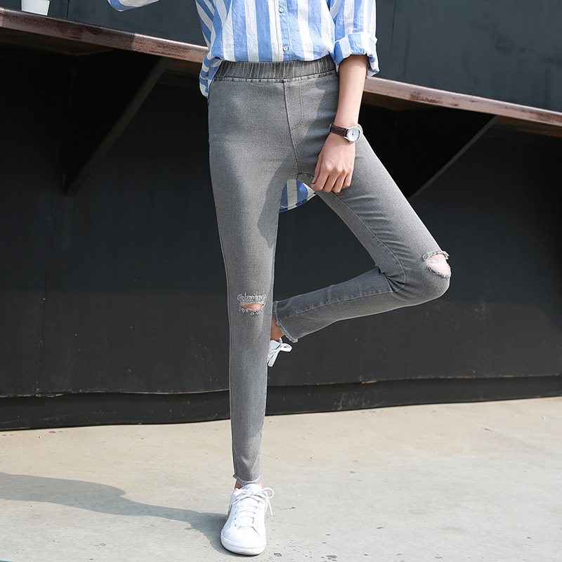 2022韩版夏季新款破洞外穿灰打底裤 吴宅宅打底裤