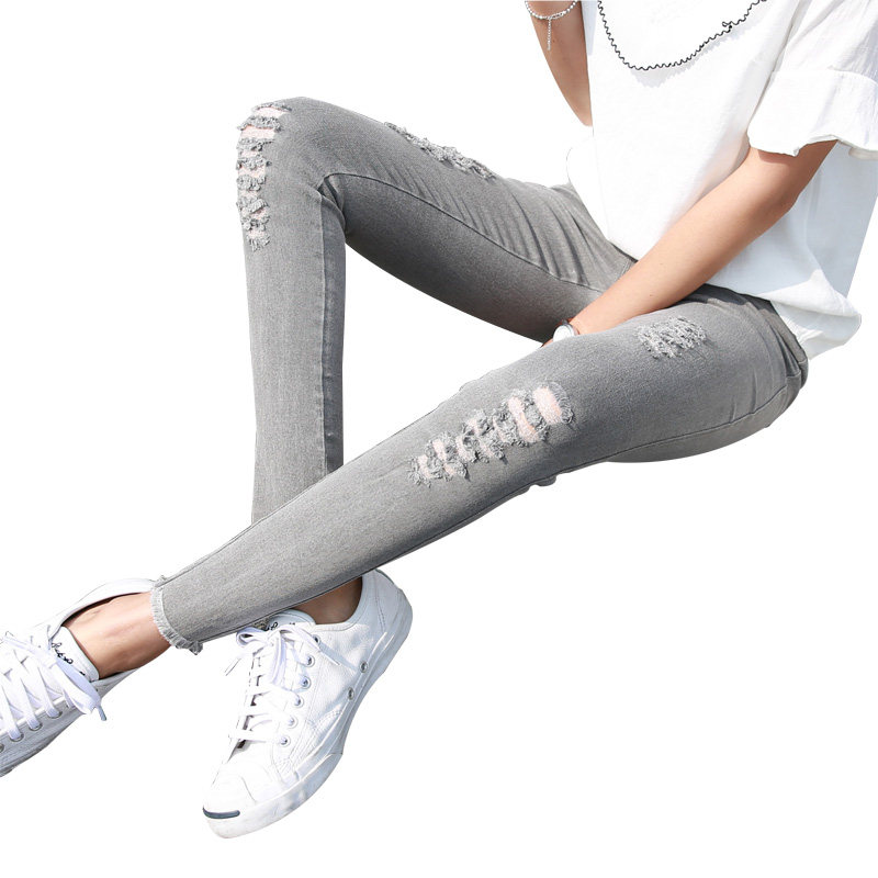 2022韩版夏季新款破洞外穿灰打底裤 吴宅宅打底裤