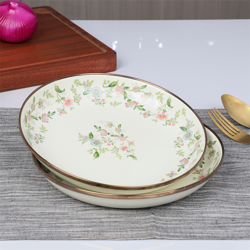 特厚搪瓷深盘芳香花搪瓷茶盘家用果盘食品级不锈钢包边菜碟平底盘 - 图1