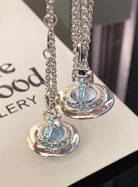 新款大号中号冰川蓝飞碟星球项链女 轻奢立体土星ORB毛衣链