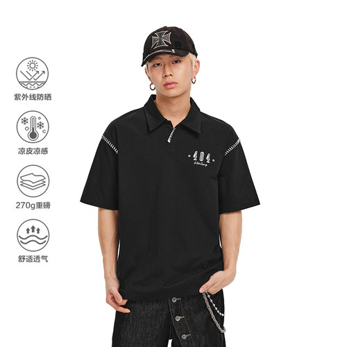 404MOB明线设计感POLO衫男夏季重工刺绣防晒凉感宽松短袖T恤上衣 - 图1