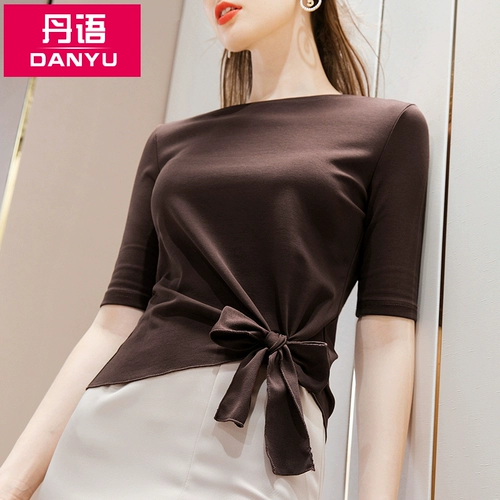 丹语 Осенняя футболка, ремень с бантиком, городской стиль, открытые плечи