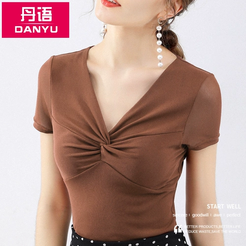 丹语 Летняя эластичная цветная футболка, в обтяжку, V-образный вырез, коллекция 2022, короткий рукав