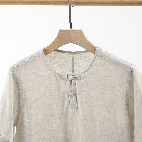 亚麻短袖衬衫男黑色休闲立领宽松百搭2024夏季新款男士衬衣外套潮 - 图2