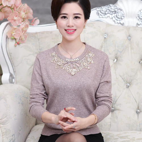 Демисезонный шерстяной трикотажный свитер для матери, для среднего возраста, большой размер, круглый воротник