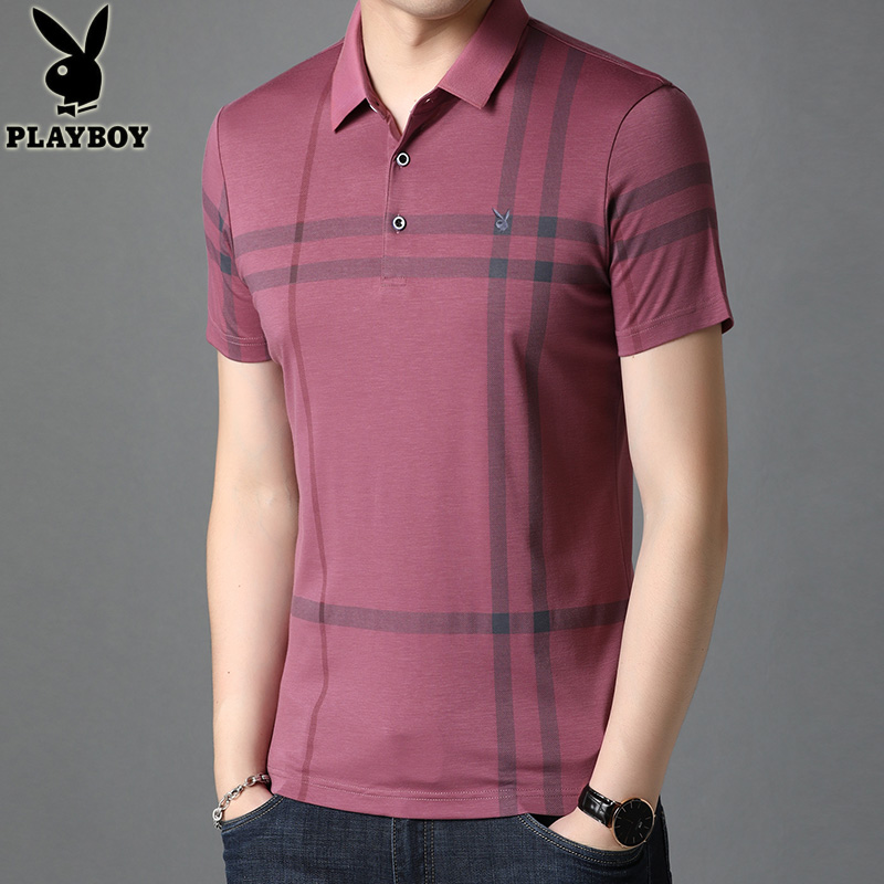 花花公子短袖男冰丝中年男装翻领t playboy辉腾T恤