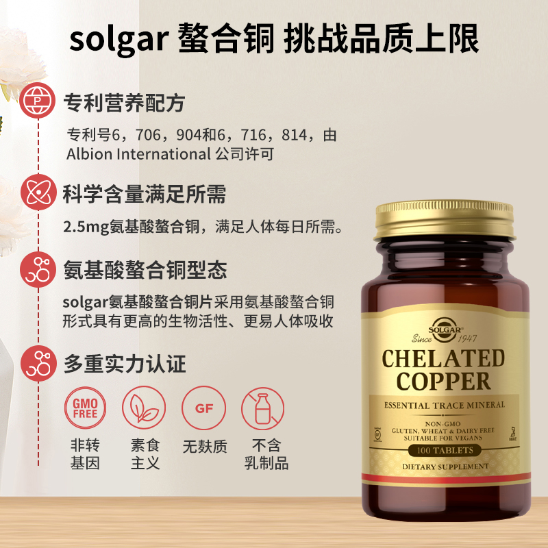 Solgar补铜微量元素补充氨基酸螯合铜促铁吸收葡萄糖酸铜造血白斑 - 图0