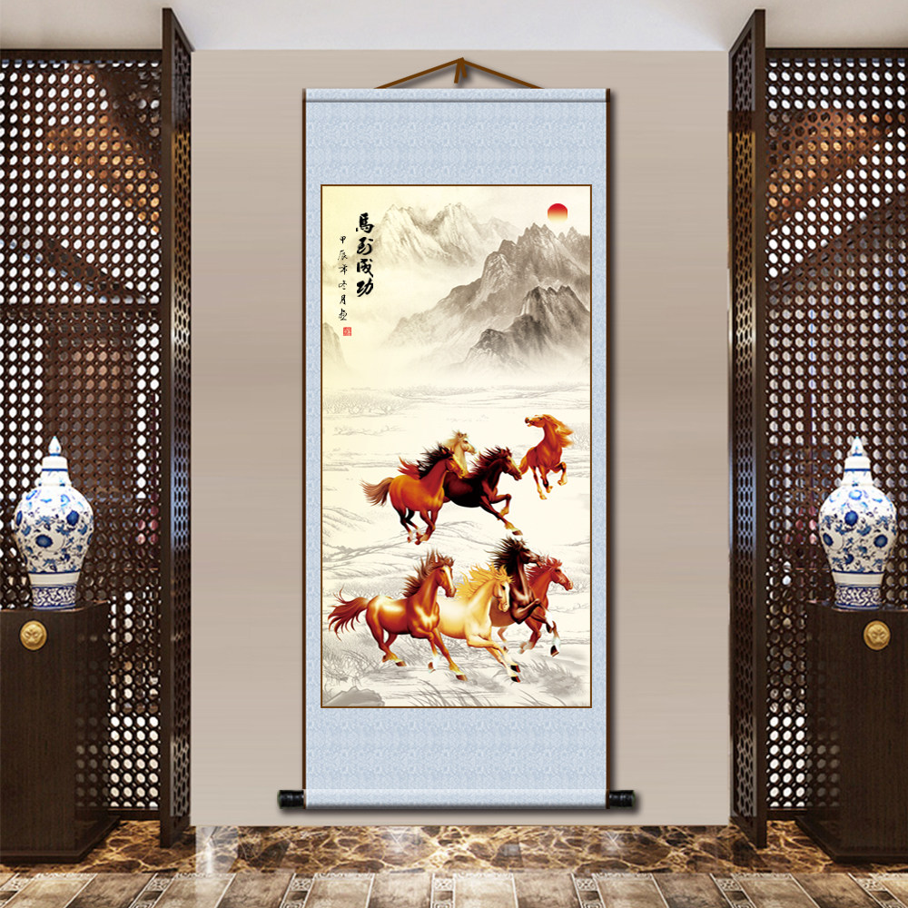 八骏全图八马图丝绢布印刷防水挂画书房客厅玄关装饰画年画,淘宝优惠券,粉丝福利购,淘宝优惠卷