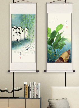 丝绸卷轴画花卉字画风水荷花条幅家居装饰画中式禅意花鸟茶楼壁画