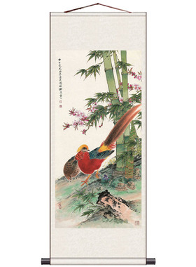 丝绸卷轴挂画国画花鸟画丹凤朝阳富贵孔雀家居装饰画牡丹小鸟竹子