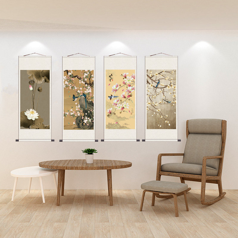丝绸挂画卷轴礼品画荷花九鱼玉兰花开办公室装饰画茶楼古典挂画,淘宝优惠券,粉丝福利购,淘宝优惠卷