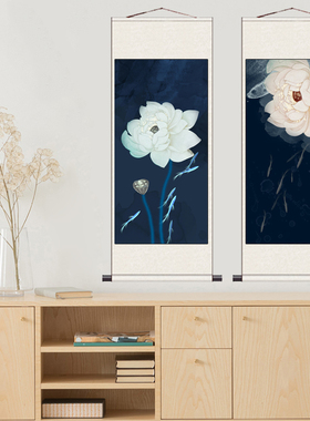 唯美荷花小鱼客厅卧室装饰挂画蓝色荷花展厅餐厅挂画壁画中式卷轴