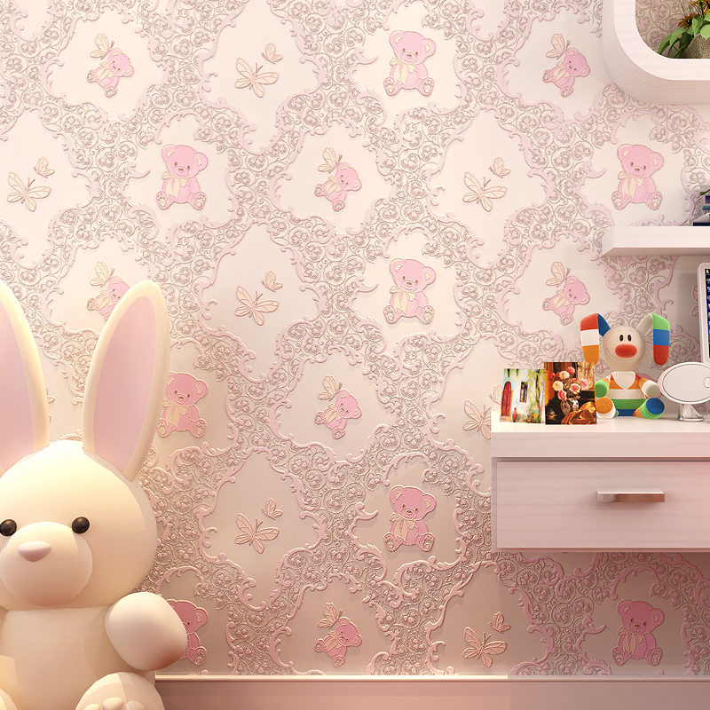 墙纸自粘卧室温馨女孩宿舍装饰粉色儿童房卡通立体无纺布家用壁纸