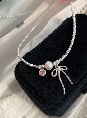 新款粉色甜心碎银天然珍珠项链不规格蝴蝶结粉钻爱心颈链锁骨链