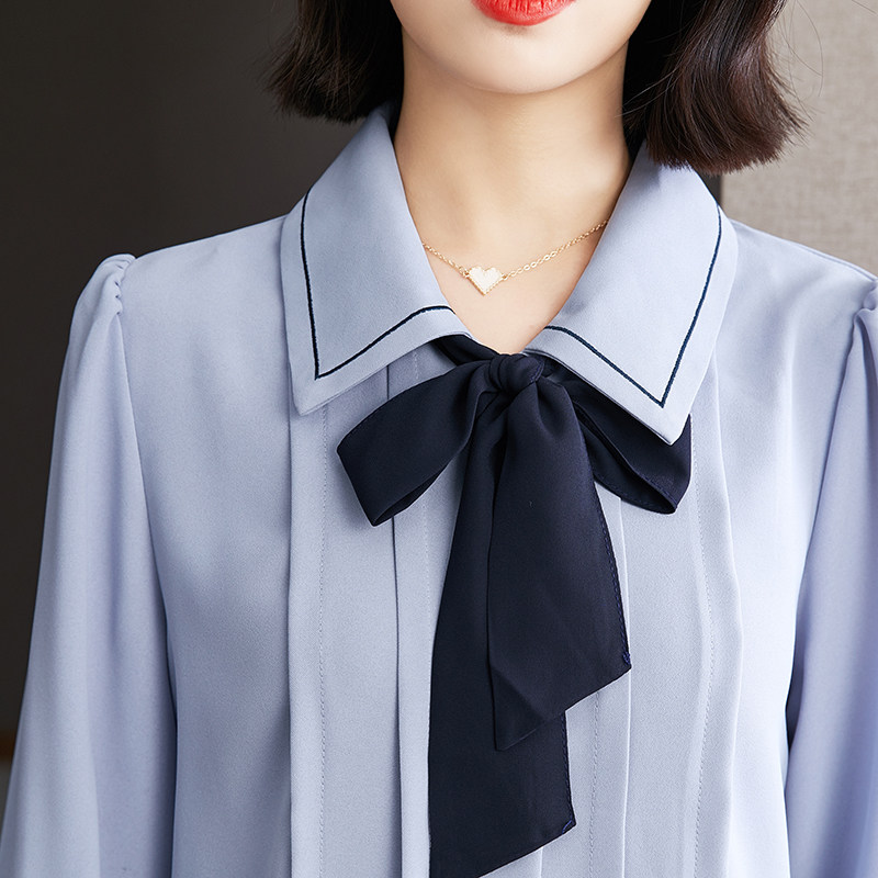 联名华来阿玛施特泡泡袖蓝色女衬衫 摩登猫衬衫