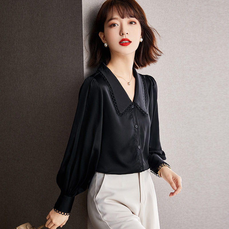 联名华来阿玛施特娃娃领黑色秋衬衫 摩登猫衬衫
