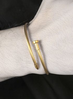 不锈钢钢丝绳手镯 欧美钉子螺旋可调节开口手镯 钛钢钉子手镯手环